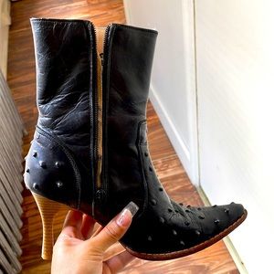 Black ostrich design leather boots